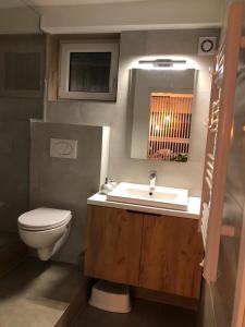 a bathroom with a sink and a toilet and a mirror at Apartament BeSkidSki in Szczyrk