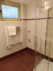 een badkamer met een douche en een handdoekenrek bij Ferienwohnung Geisler in Hippach