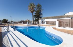 a swimming pool with blue water and a palm tree at APARTAMENTO Centro ciudad in Jerez de la Frontera