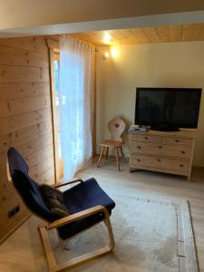ein Wohnzimmer mit einem Stuhl und einem TV in der Unterkunft Landhaus Erlzette in Tux