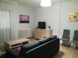 a living room with a black leather couch and a tv at El Balcón del Duero 1—2 in Castronuño