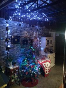 una habitación con un árbol de Navidad en un dormitorio en Gastaldon Suite en Chapecó
