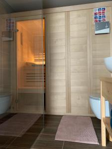 a bathroom with a glass shower and a toilet at Holiday house Nune in Zreče