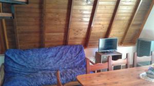 ein Wohnzimmer mit einer blauen Couch und einem Fernseher in der Unterkunft Bungalow Montes in El Bolsón