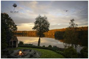 a fire pit next to a lake with a bird flying at Lubie Domek in Nowa Wioska
