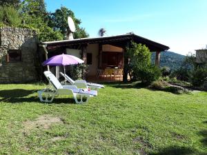 Isolaccio-di-FiumorboにあるDISCRET, APAISANT, CALME entre MER et MONTAGNEの家の前の芝生の椅子2脚と傘