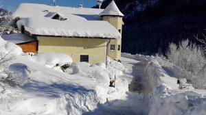 a house covered in snow next to a road at Pichlgut in Radstadt