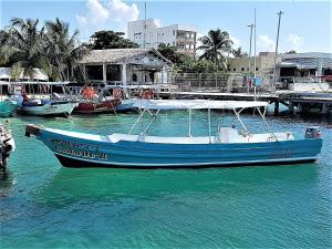 a blue and white boat sitting in the water at Coralito Malecon Luxury Studio in Isla Mujeres