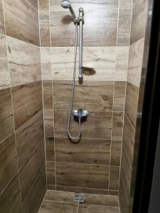 a shower in a bathroom with a wooden wall at Izby pod Martiniskými hoľa i v sukromí in Martin