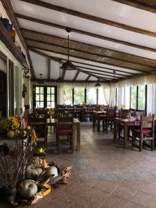 a dining room with tables and chairs and windows at Chalets & Rooms Čarda Šebešfok in Bezdan