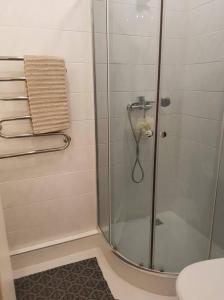a shower with a glass door in a bathroom at Trakų street Apartment in Šiauliai