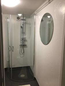 a shower with a mirror in a bathroom at Lägenhet centralt i Värnamo vid Apladalen in Värnamo