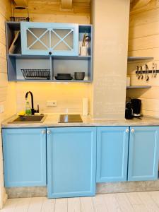 Sunny Corner Holiday Apartment في راينبولن: مطبخ مع دواليب زرقاء ومغسلة
