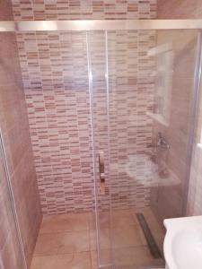 a bathroom with a shower with a toilet and a sink at Iznad oblaka A1 in Kopaonik