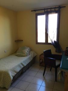 1 dormitorio con 1 cama, 1 silla y 1 ventana en Les Orchidées, en Carcassonne