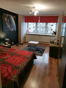 Un dormitorio con una cama y un sofá y una ventana. en Grau Apartments 26, en Pärnu