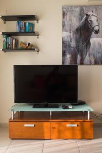 a flat screen tv sitting on top of a wooden entertainment center at Ifestos Kings Resort Appartment in Paphos City