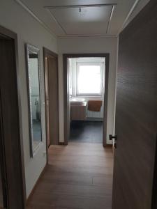 een hal met een deur, een raam en een wastafel bij FEWO Jürgen + Conny in Babenhausen