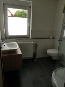 een badkamer met een wastafel, een toilet en een raam bij FEWO Jürgen + Conny in Babenhausen