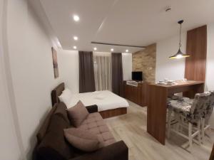 a hotel room with a bed and a desk and a couch at AMI apartman Kopaonik in Kopaonik
