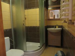 a small bathroom with a toilet and a sink at Chata Sudecka in Sienna +47 photos