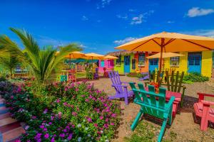 un patio con sillas, sombrillas y flores coloridas en Dunas Tatacoa en Villavieja