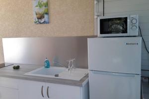 a kitchen with a white refrigerator and a microwave at F2 ZEN & GREEN - PISCINE et CONFORT in Baie-Mahault