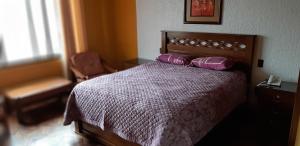 1 dormitorio con 1 cama con 2 almohadas moradas en Hostal Río ibare, en La Paz