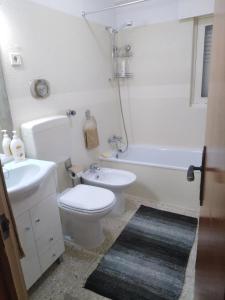 La salle de bains est pourvue de toilettes, d'un lavabo et d'une baignoire. dans l'établissement Apartamento Do Silva, à Mirandela