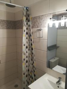 a bathroom with a shower with a sink and a mirror at Studio la grande motte, parking in La Grande-Motte