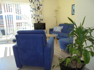 un salon avec deux chaises bleues et une plante dans l'établissement Niehaus Ostseeresidenz App 4, à Pelzerhaken