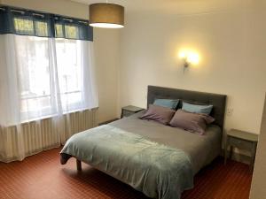 a bedroom with a bed and two windows at Grand appartement de standing "Rêve du Soir" de 170 m2 350 m de la gare in Lourdes