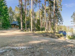 uma estrada de terra com uma cabana na floresta em Holiday Home Aleksinrinne by Interhome em Asikkala