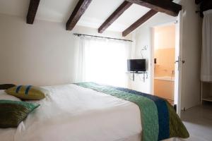 a bedroom with a bed with a window and a television at Antiche Mura in Riva del Garda