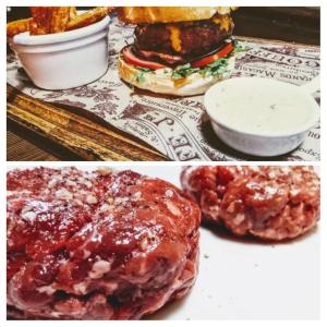 two pictures of hamburgers and a sandwich on a table at Hotel Chicago in Chomutov