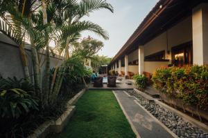 a courtyard of a building with palm trees and grass at Ayu Guest House 2 in Canggu