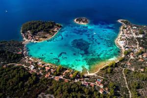 an aerial view of a beach with turquoise water at Villa Soleil in Vela Luka
