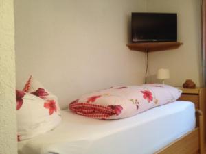 a bedroom with two pillows on a bed with a television at Ferienwohnung Singer in Schnaittach