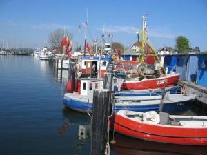 a group of boats are docked in the water at Gorch-Fock-Park in Timmendorfer Strand