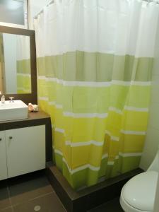 a bathroom with a sink and a shower curtain at Apartamento con vista a Islas Ballestas in Paracas
