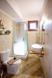 a bathroom with a shower and a toilet and a sink at Konstantina & Evgenia Deluxe Apartment in Nea Peramos