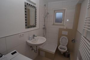 シュトゥットガルトにあるAB Apartment Bad-Cannstattのバスルーム(洗面台、トイレ、鏡付)