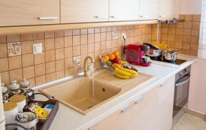 a kitchen counter with a sink with bananas and other items at Konstantina & Evgenia Deluxe Apartment in Nea Peramos