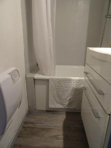 a bathroom with a bath tub and a shower curtain at Appartement Saint Lary in Vielle-Aure