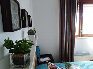 een slaapkamer met een bed met een plant en een raam bij Casa da Lameira in Serra