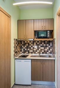 a kitchen with a sink and a microwave at Studios Koula 2 - KORINA in Potos