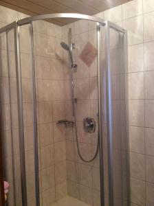 La salle de bains est pourvue d'une douche avec une porte en verre. dans l'établissement Ferienwohnung Rahm, à Schwendau