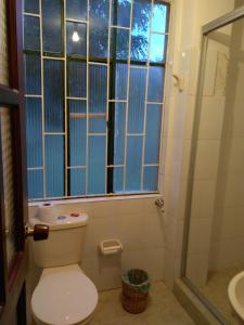 a bathroom with a toilet and a shower and a window at Posada De Los Santos Hotel Rural, La Candelaria in Ráquira