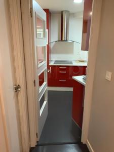 a small kitchen with red cabinets and a stove at Apto Arima Centro Histórico in Zaragoza +10 photos