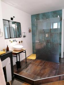 a bathroom with a sink and a shower at Le 43-4 avec sauna privatif in Le Puy en Velay